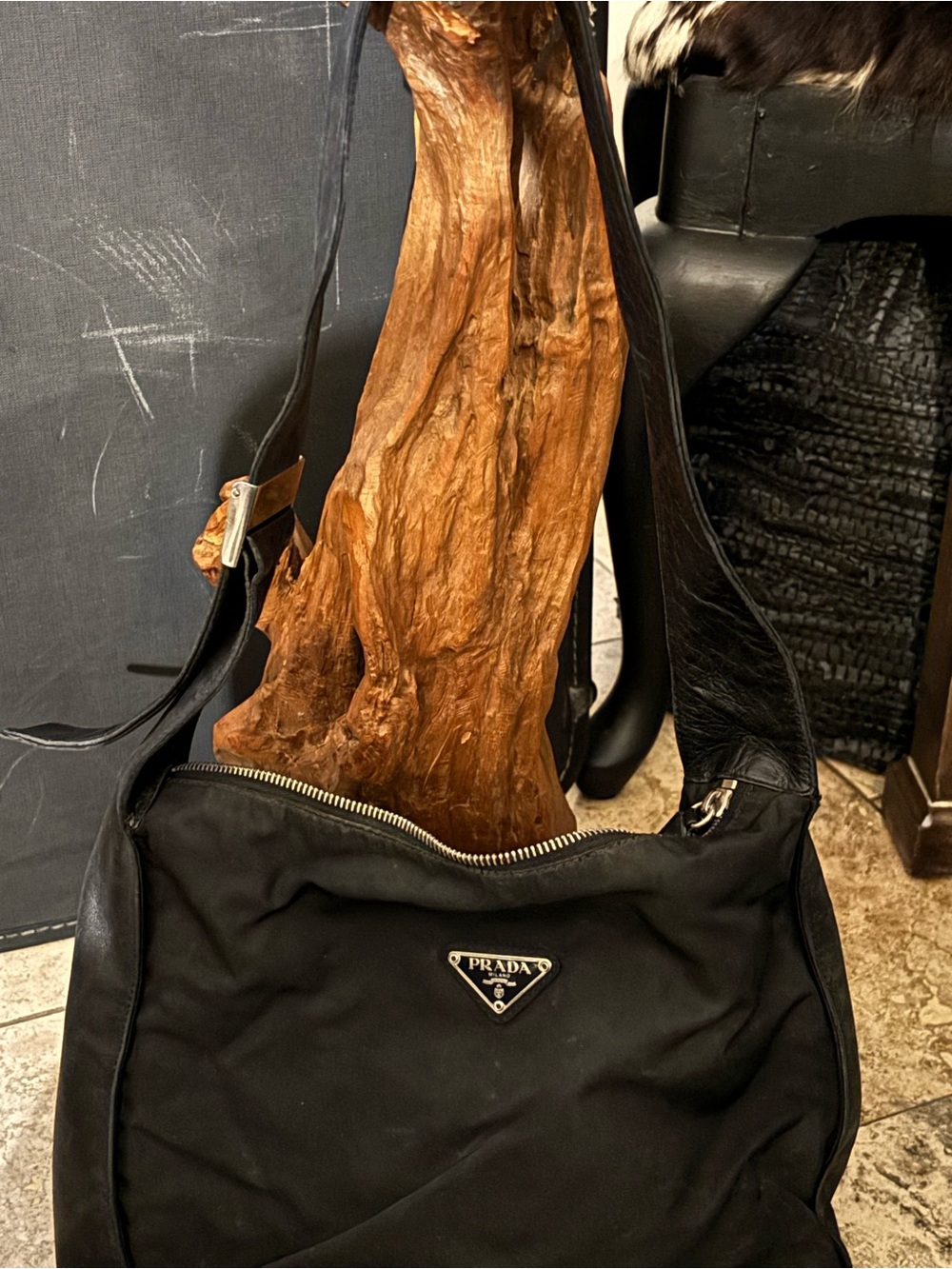 Prada Black Nylon Messenger Bag with Leather Strap